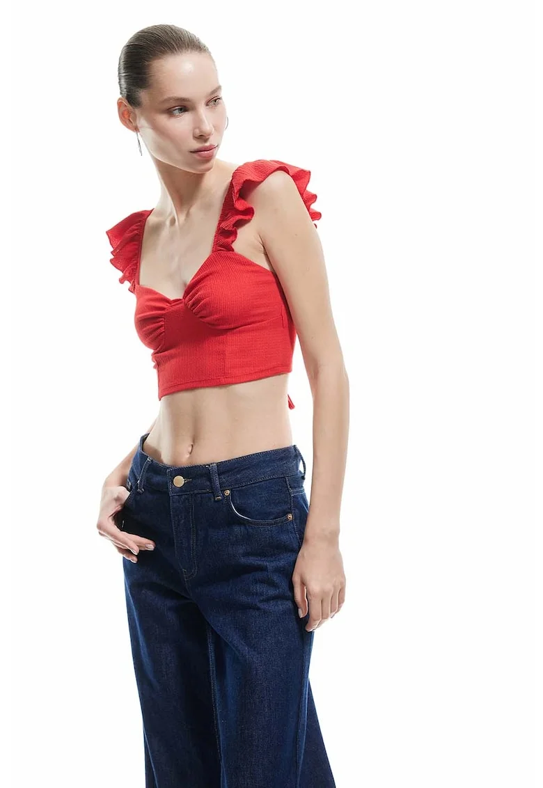 Top crop cu bretele cu volane, Rosu
