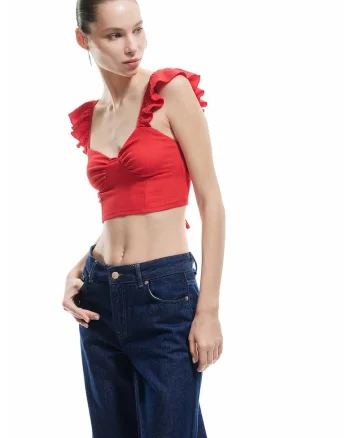 Top crop cu bretele cu volane, Rosu