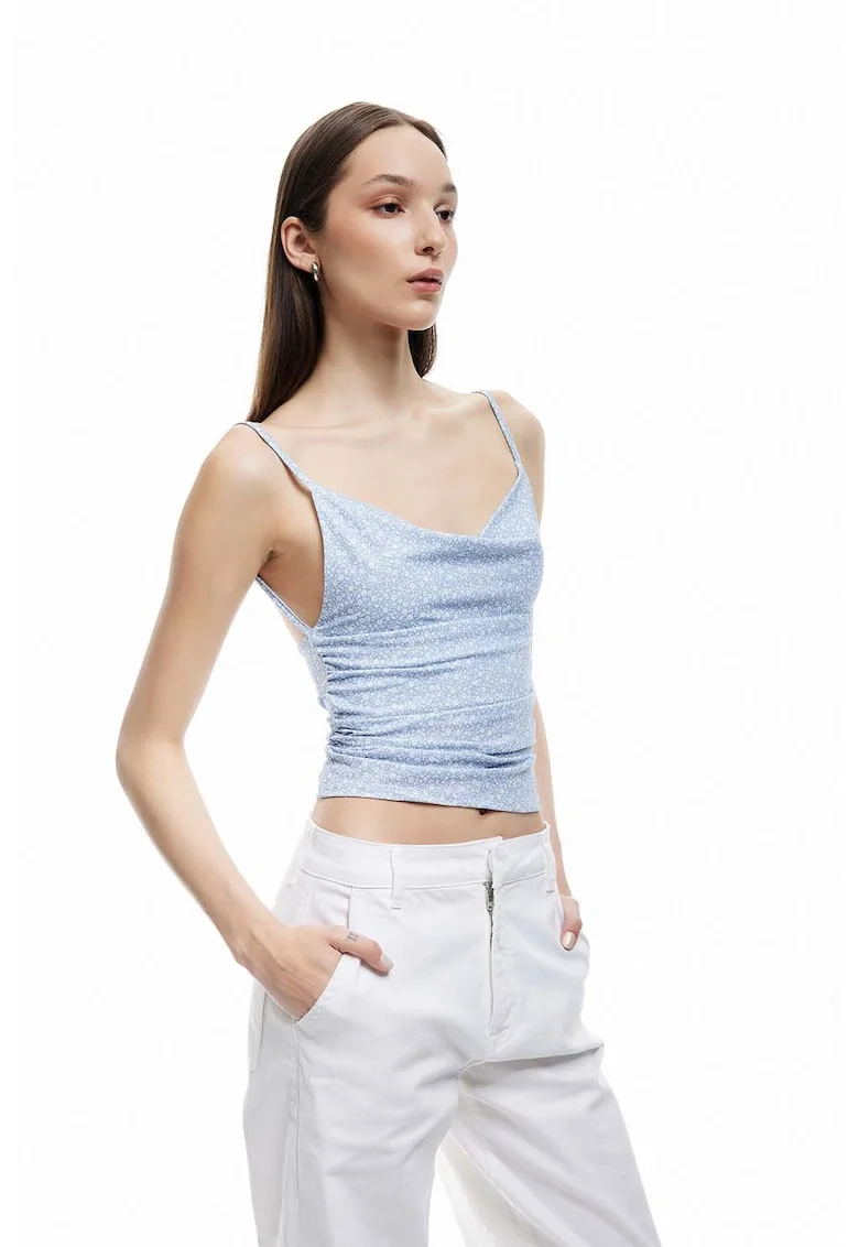 Top crop cu fronseuri si model floral, Alb/Albastru deschis