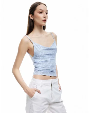 Top crop cu fronseuri si model floral, Alb/Albastru deschis