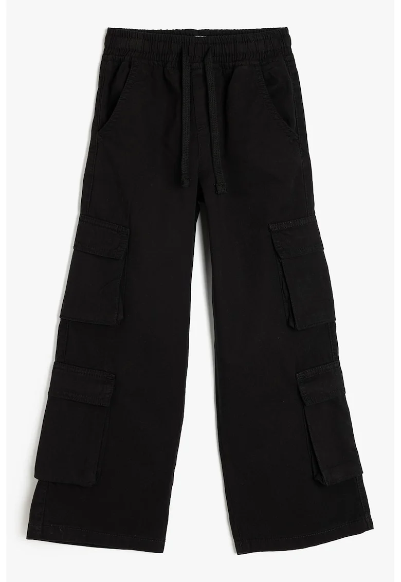 Pantaloni cargo cu croiala ampla si cordon in talie, Negru