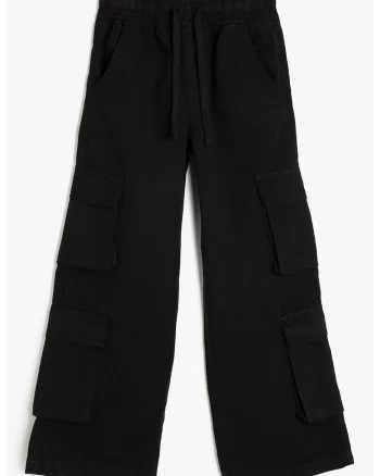 Pantaloni cargo cu croiala ampla si cordon in talie, Negru