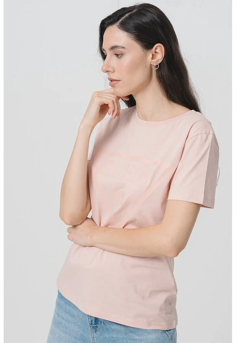 Tricou de bumbac cu imprimeu logo, Roz pal