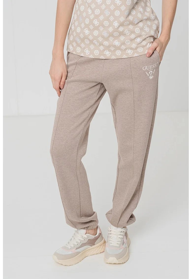 Pantaloni de trening cu logo brodat, Maro taupe deschis