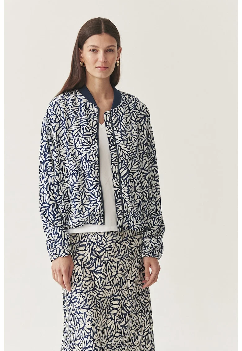 Jacheta bomber cu model floral, Alb/Bleumarin