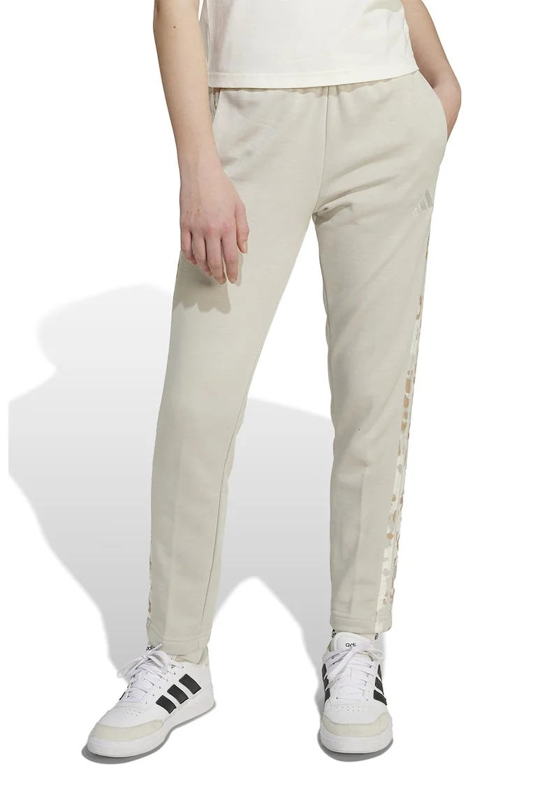 Pantaloni de trening cu benzi laterale cu model si snur, Alb/Caramel/Bej deschis