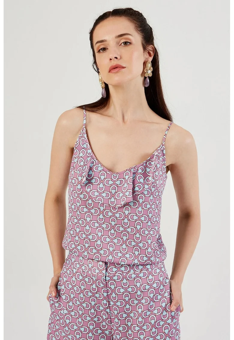Top cu garnitura cu volan, decolteu in V si model, Lila/Albastru deschis
