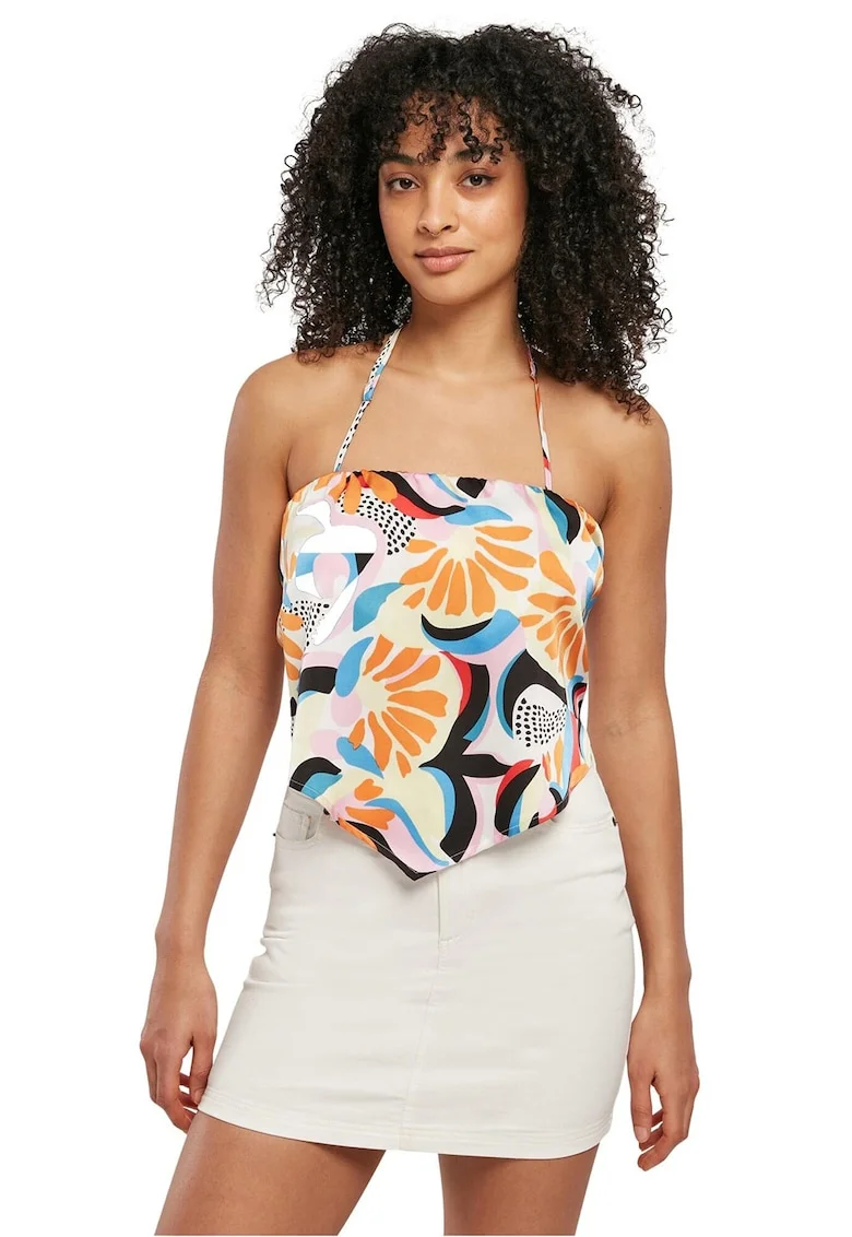 Top crop cu prindere pe spate, Alb/Portocaliu/Albastru deschis