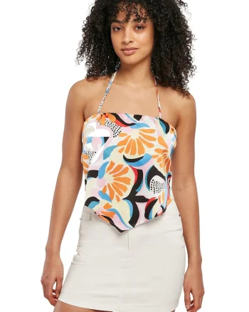 Top crop cu prindere pe spate, Alb/Portocaliu/Albastru deschis