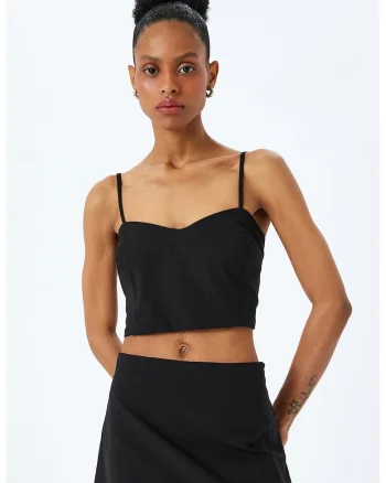 Top crop cu bretele subtiri, Negru