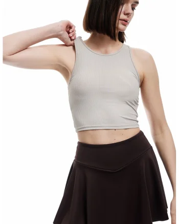 Top crop cu decolteu rotund, Maro taupe deschis