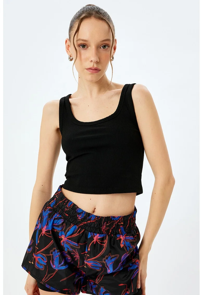 Top crop cu decolteu rotund, Negru