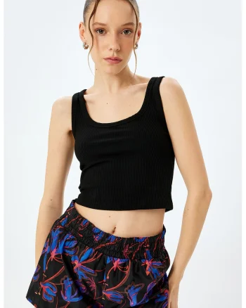 Top crop cu decolteu rotund, Negru