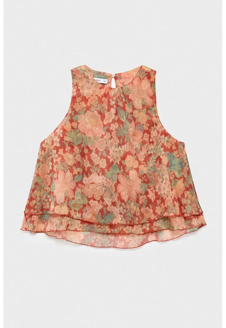 Top fara maneci cu imprimeu floral, Piersica/Caramiziu/Verde sparanghel
