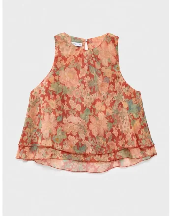 Top fara maneci cu imprimeu floral, Piersica/Caramiziu/Verde sparanghel
