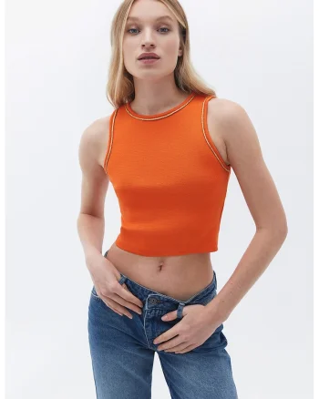Top crop cu detalii stralucitoare, Portocaliu pal