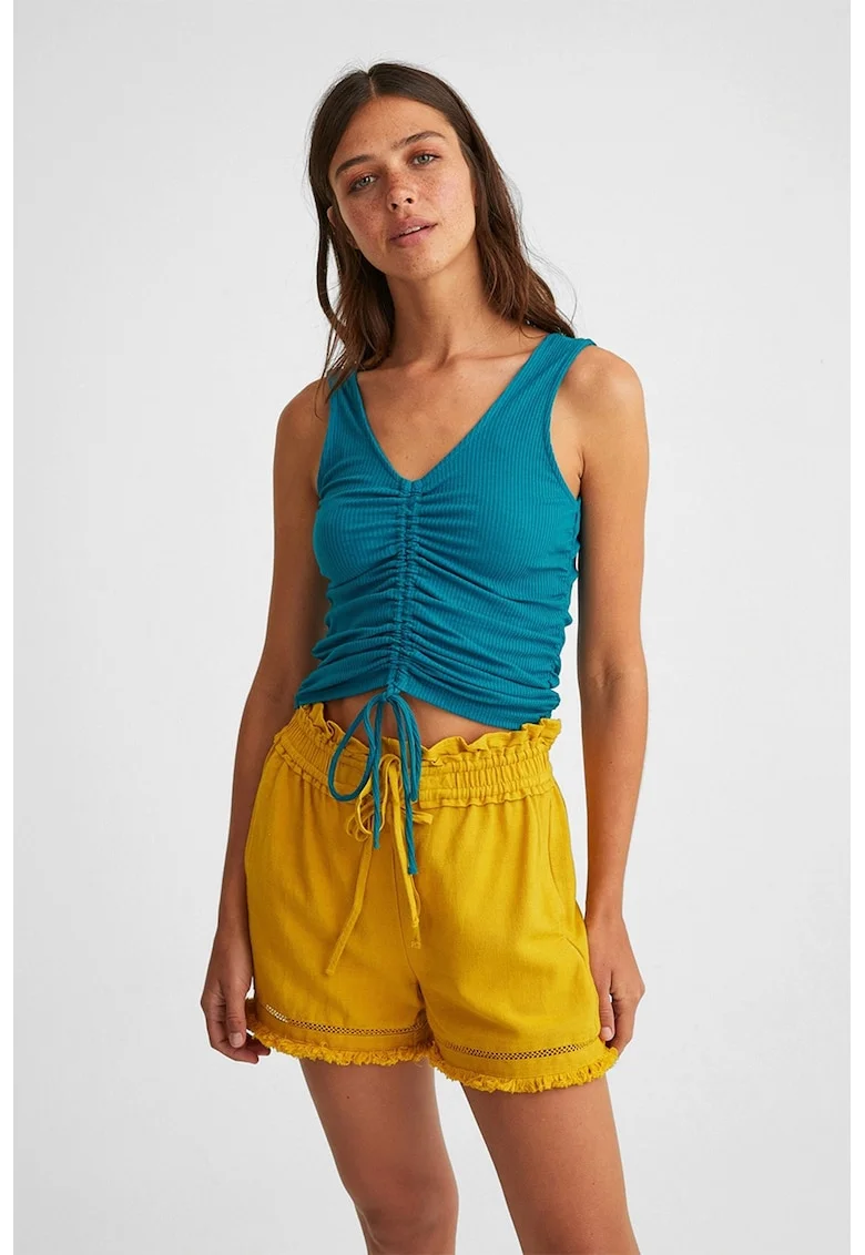 Top crop cu fronseuri frontale, Albastru petrol