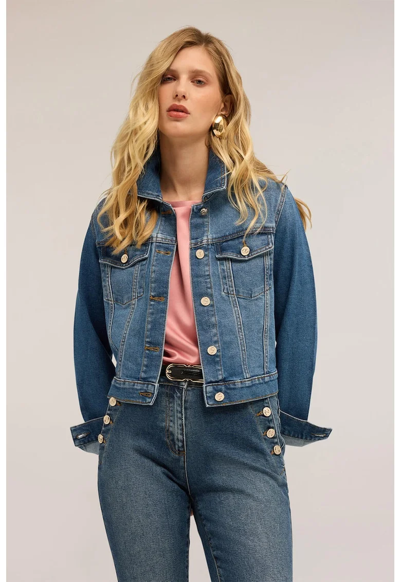 Jacheta din denim cu buzunare frontale, Albastru