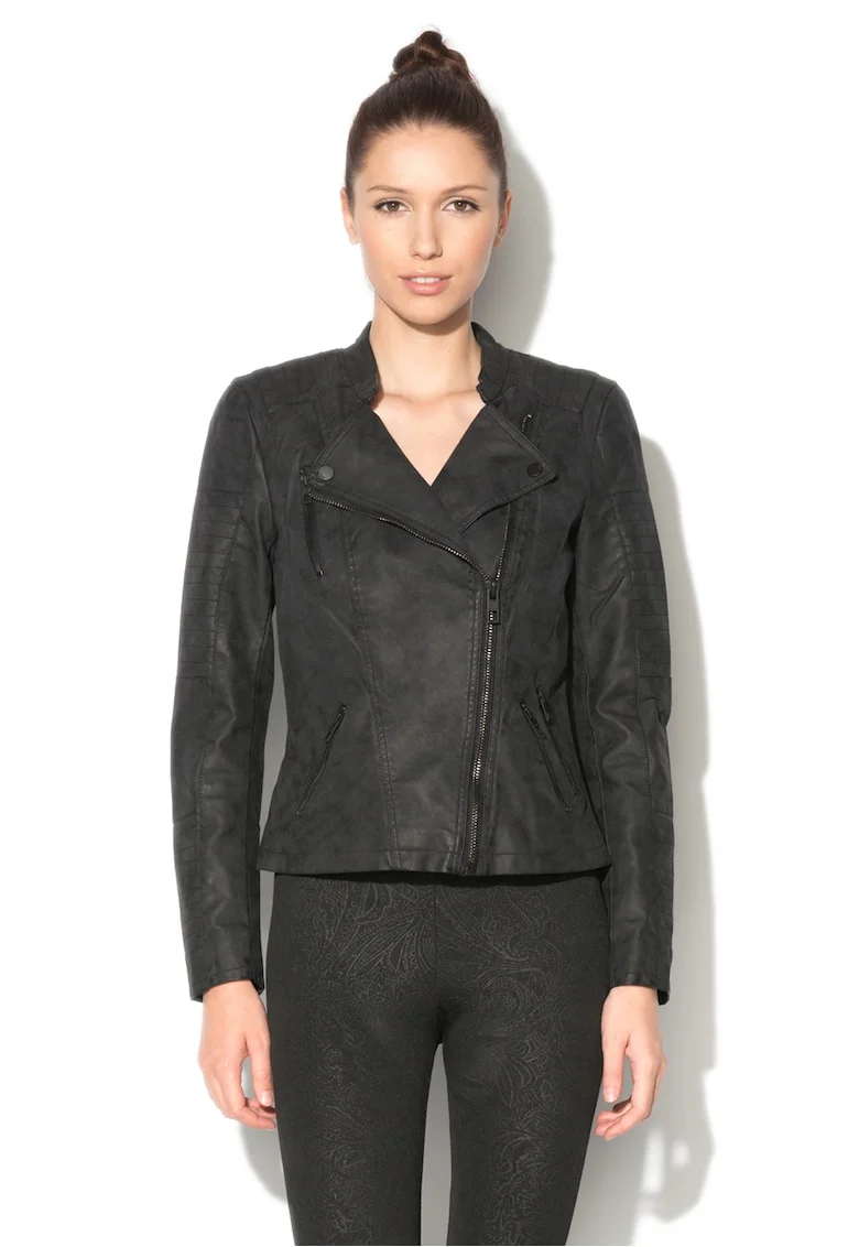 Jacheta biker de piele ecologica Ava, Negru