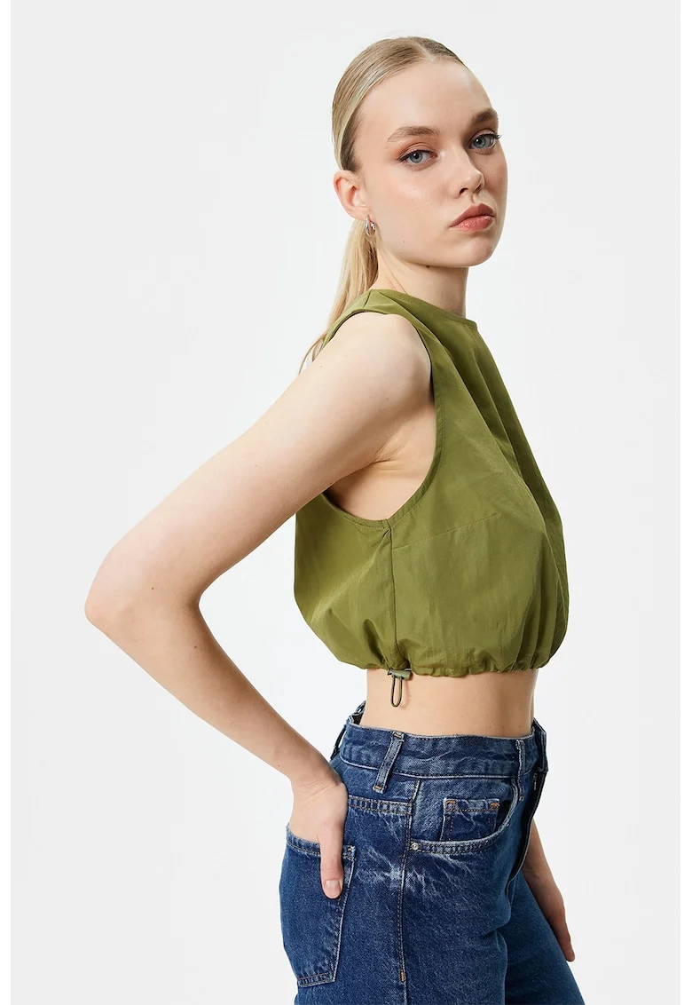 Top crop cu decolteu la baza gatului si talie ajustabila, Verde masliniu