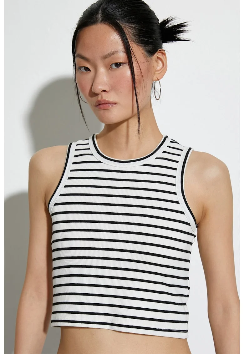 Top crop cu model cu dungi, Alb/Negru