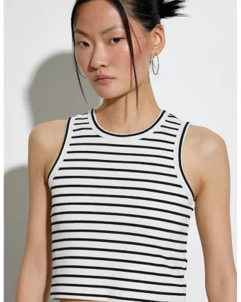 Top crop cu model cu dungi, Alb/Negru