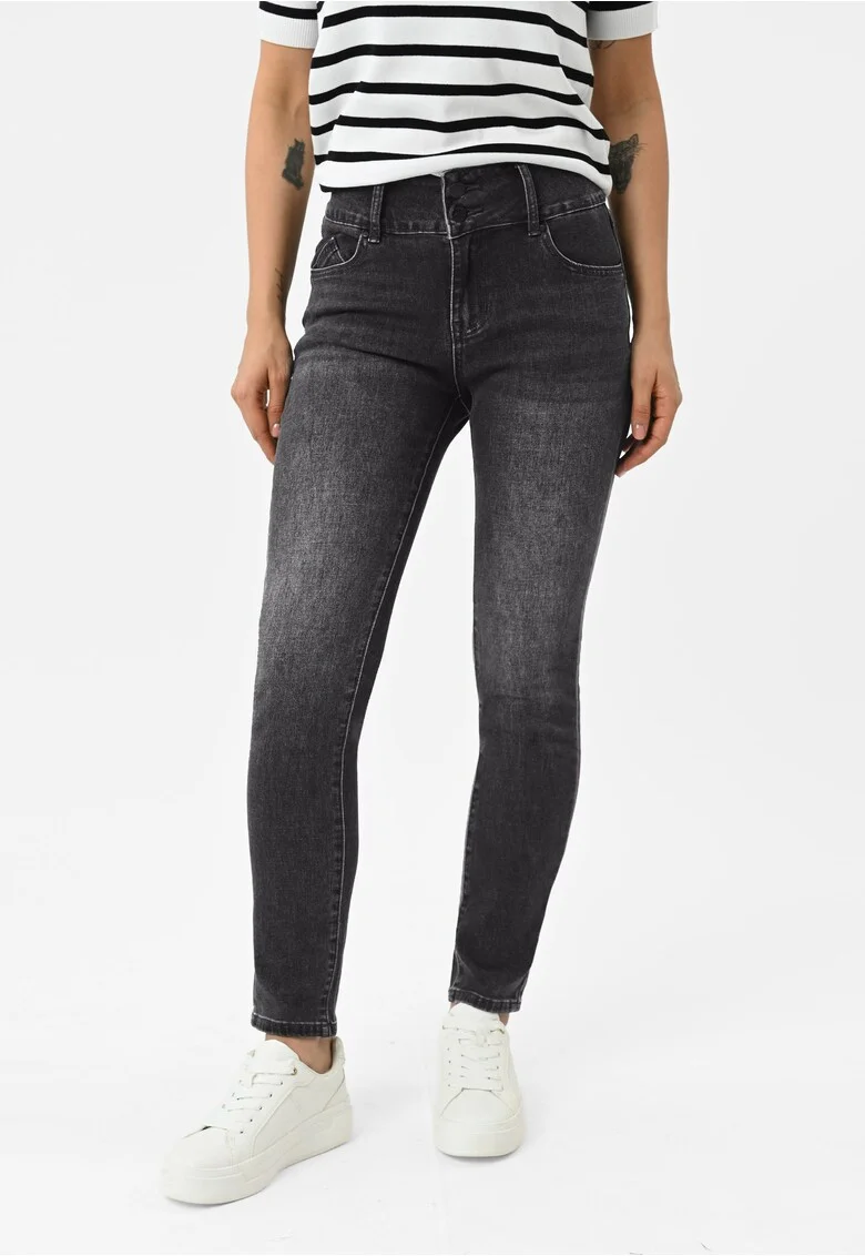 Blugi elastici cu talie inalta, Slim Fit, dama,  D-Montana 15, grafit, Gri grafit