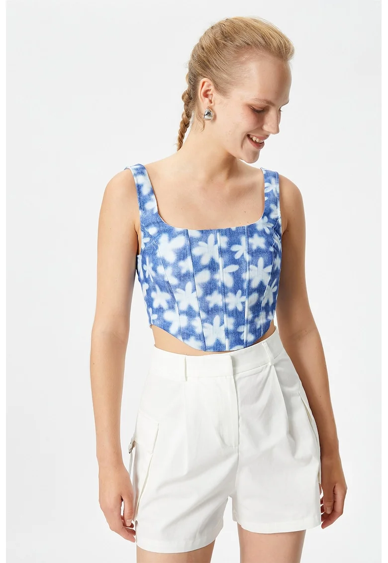 Top crop cu model floral, Alb/Albastru inchis