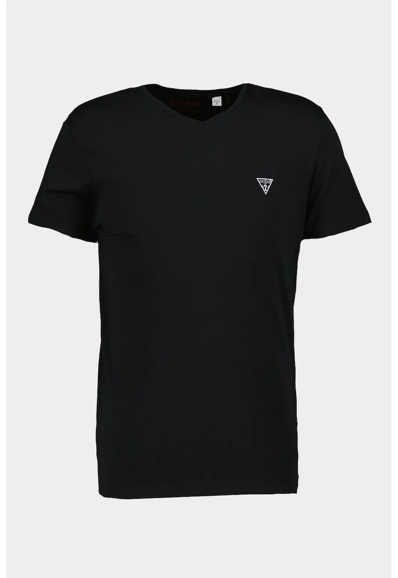 Tricou slim fit cu decolteu in V, Alb/Negru