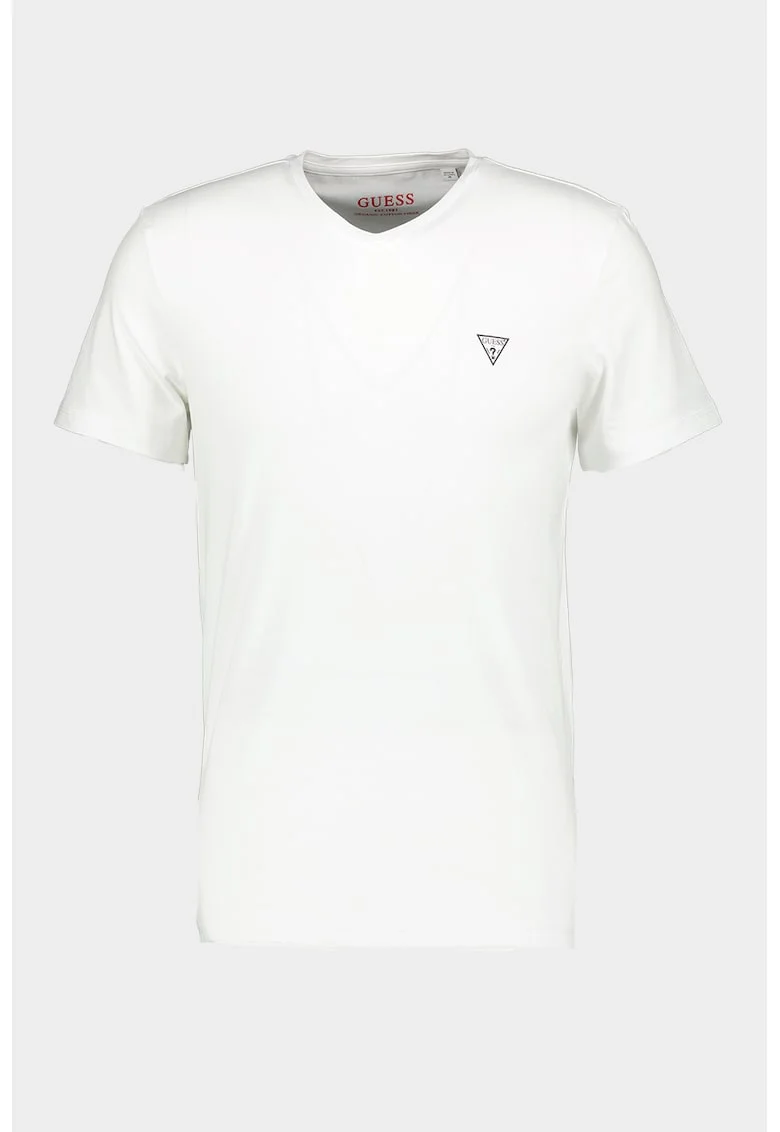 Tricou slim fit cu decolteu in V, Negru/Alb optic