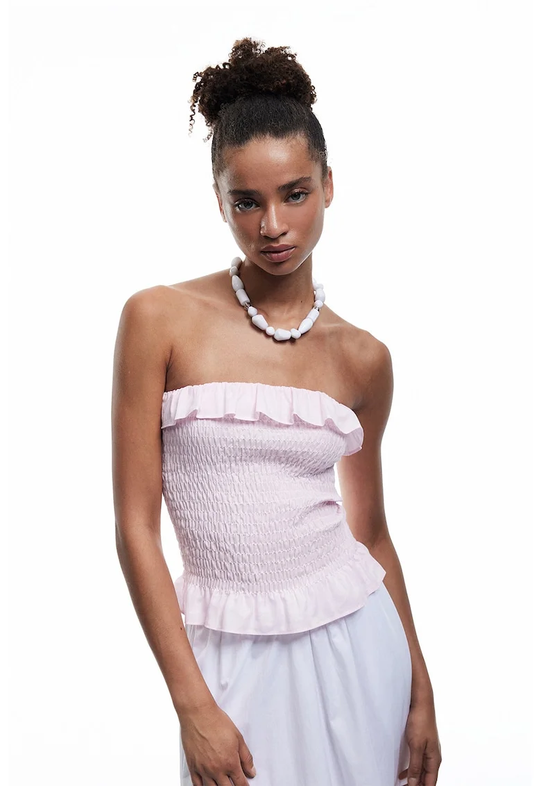 Top slim fit bandeau cu margine cu volane, Roz