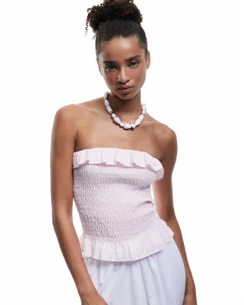 Top slim fit bandeau cu margine cu volane, Roz