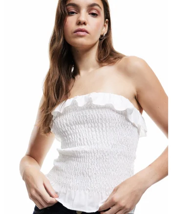 Top slim fit bandeau cu margine cu volane, Alb optic