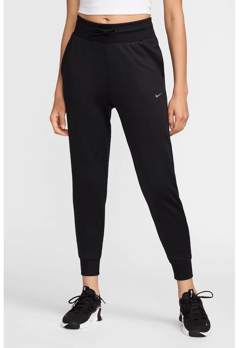 Pantaloni de trening cu talie ajustabila si talie inalta, pentru fitness, Negru