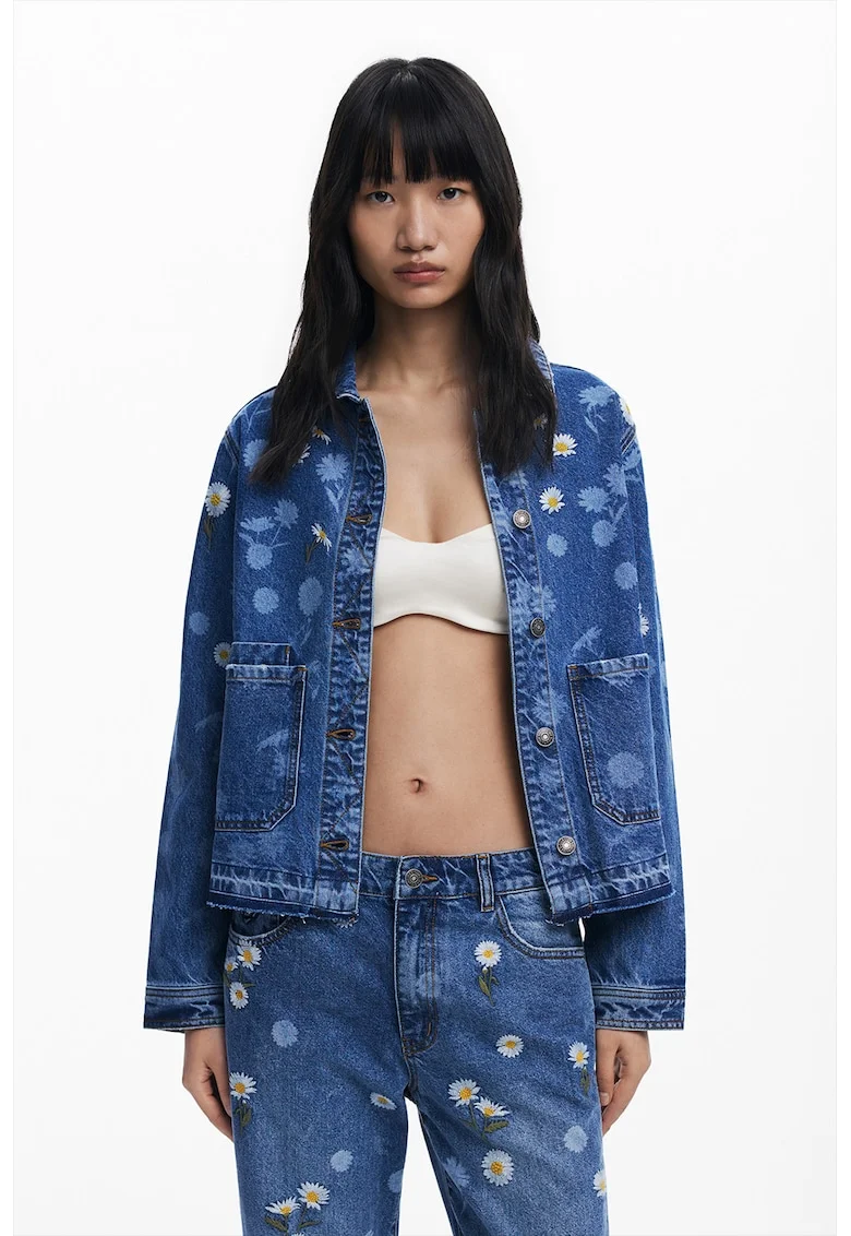 Jacheta din denim cu broderie si buzunare aplicate, Albastru royal