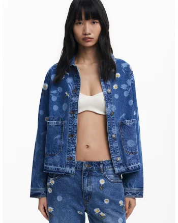 Jacheta din denim cu broderie si buzunare aplicate, Albastru royal