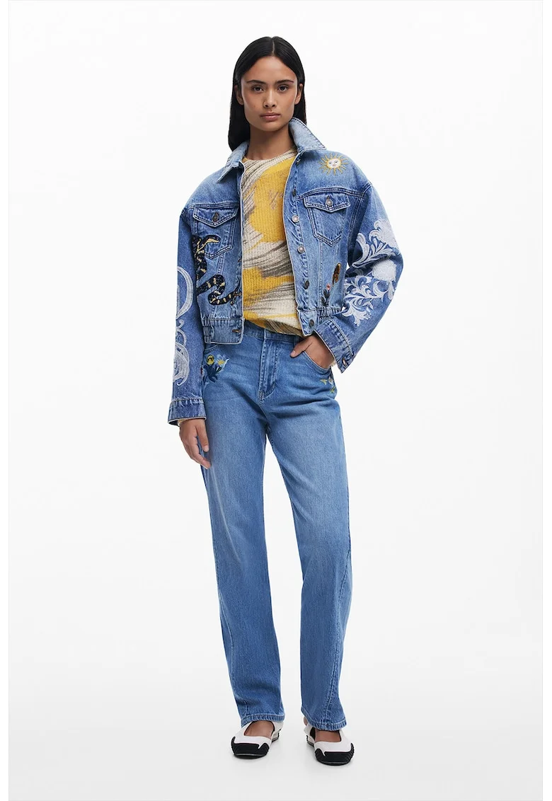 Jacheta din denim cu broderie, Rosu/Albastru pastel/Verde inchis