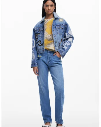 Jacheta din denim cu broderie, Rosu/Albastru pastel/Verde inchis