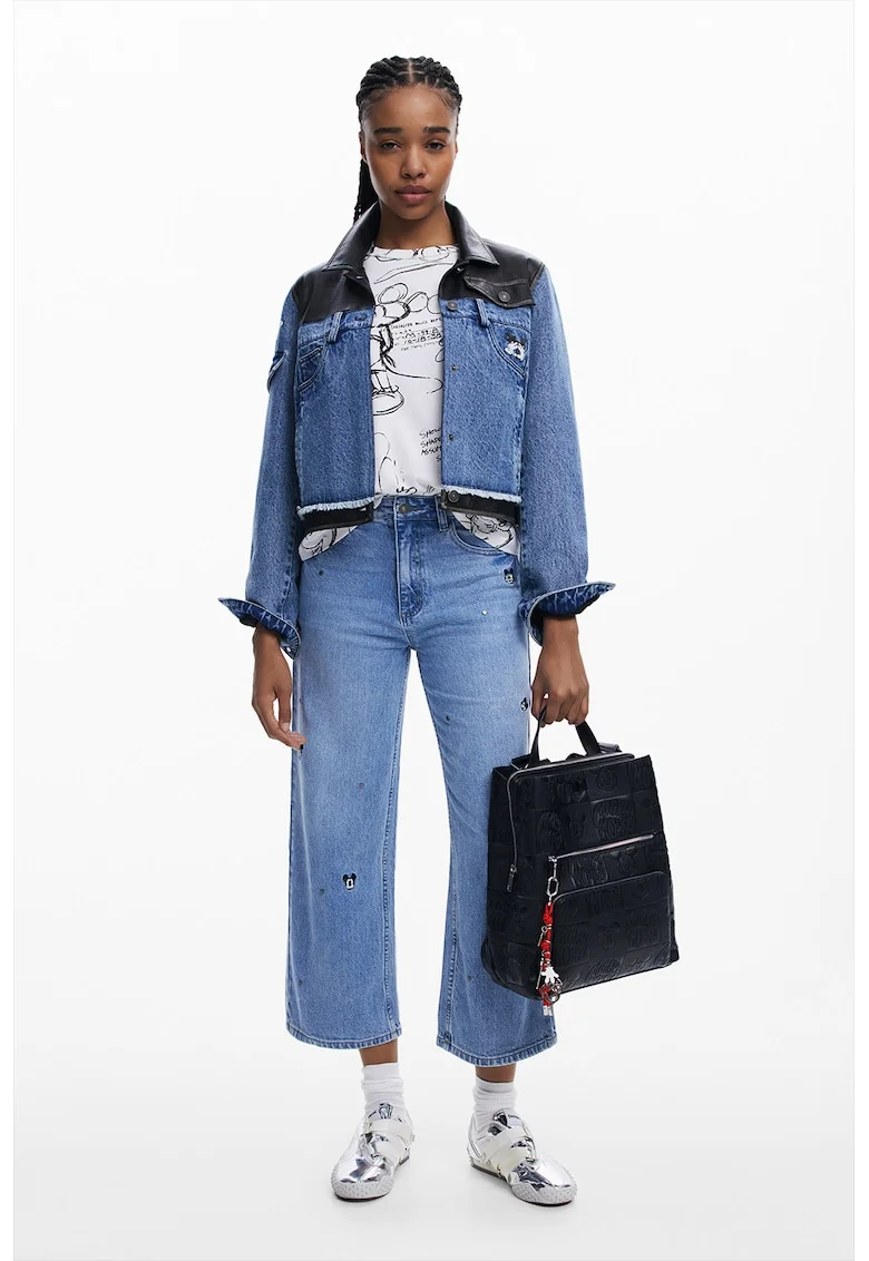 Jacheta din denim si piele ecologica, Rosu/Albastru pastel/Negru