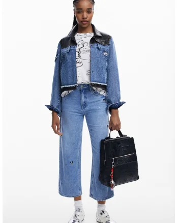 Jacheta din denim si piele ecologica, Rosu/Albastru pastel/Negru