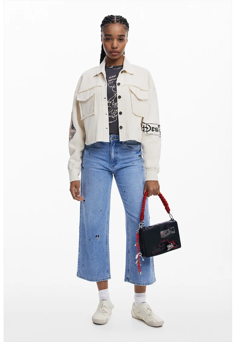 Jacheta crop cu model grafic, Alb fildes/Negru