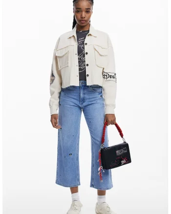 Jacheta crop cu model grafic, Alb fildes/Negru