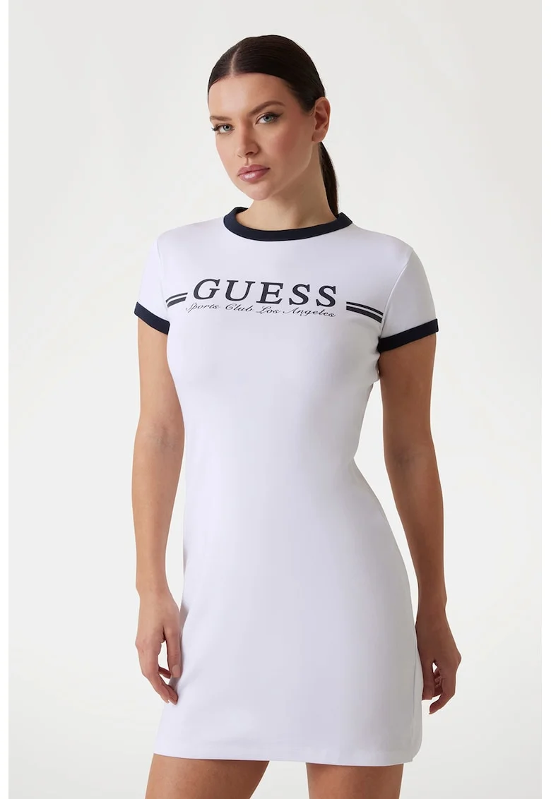 Rochie-tricou cu imprimeu logo, Alb/Bleumarin