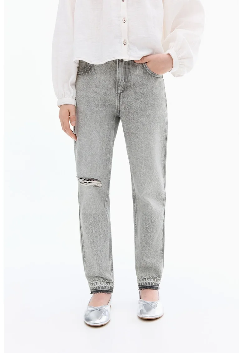 Blugi mom fit cu detalii cu aspect deteriorat, Gri