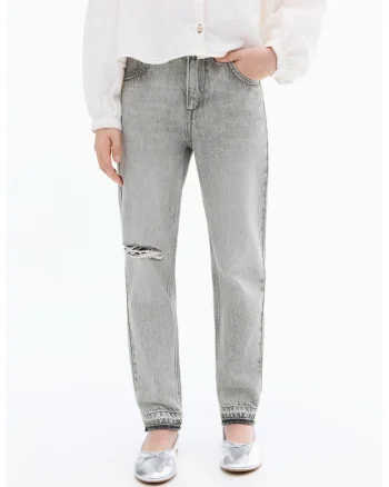 Blugi mom fit cu detalii cu aspect deteriorat, Gri