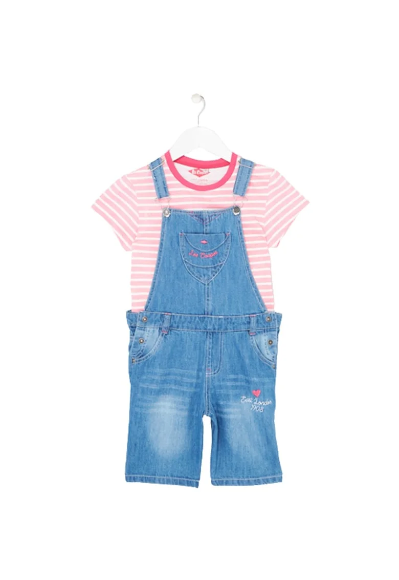 Set salopeta jeans si tricou fete,  6504, Roz/Albastru