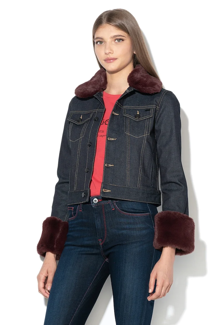 Jacheta din denim cu garnituri cu blana sintetica Kimi, Bleumarin