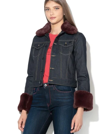 Jacheta din denim cu garnituri cu blana sintetica Kimi, Bleumarin