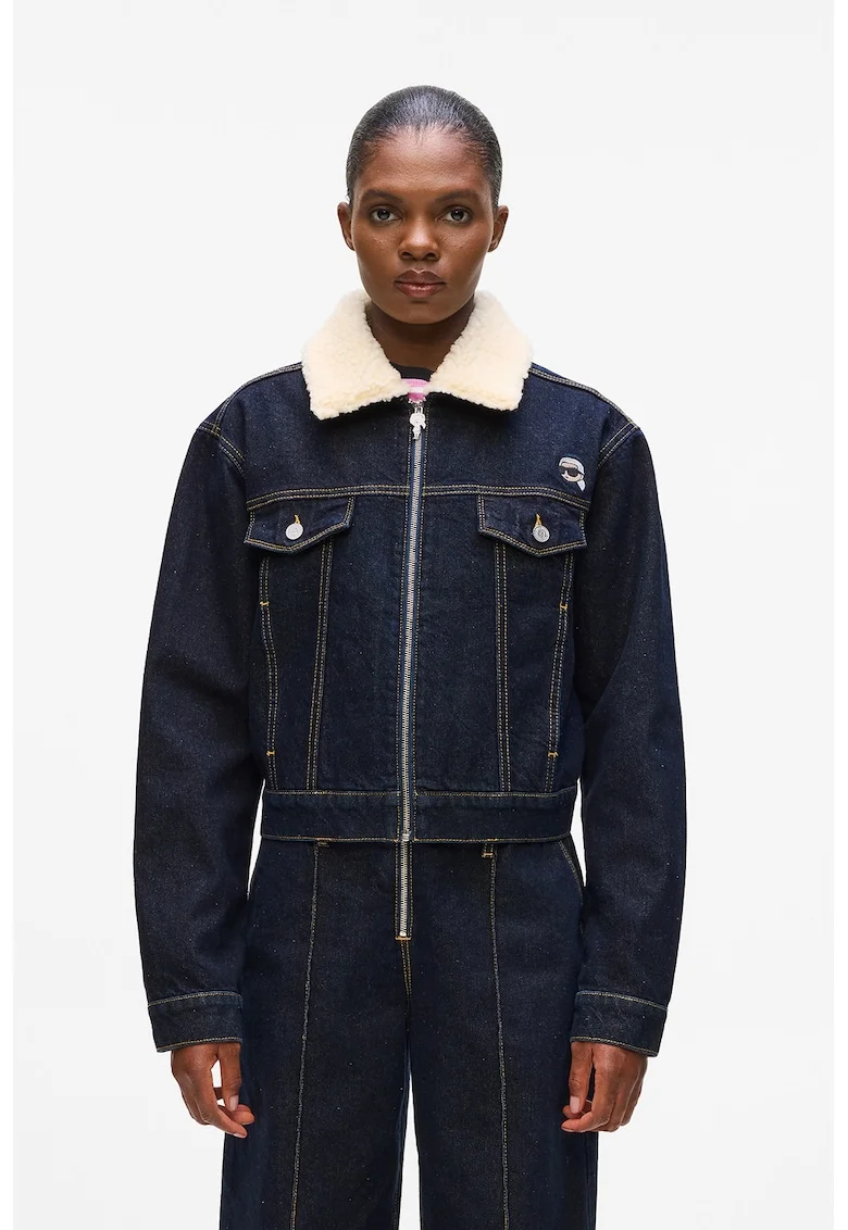 Jacheta din denim cu guler din material teddy, Albastru ultramarin
