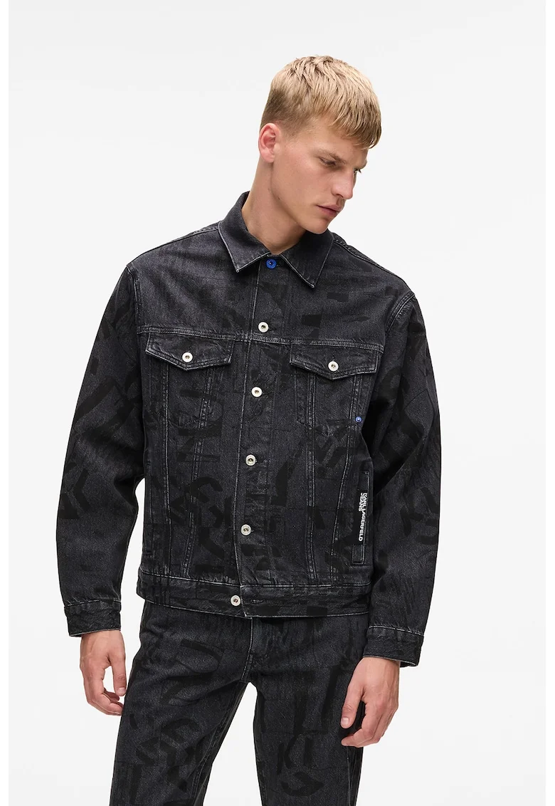 Jacheta din denim cu model monograma, Negru/Albastru ultramarin